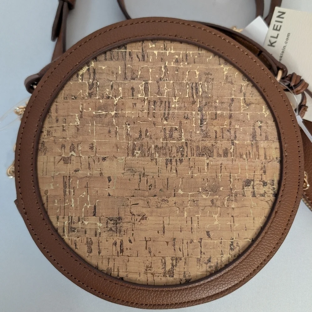 Anne Klein Brown And Gold Cork Circle Round Crossbody Bag